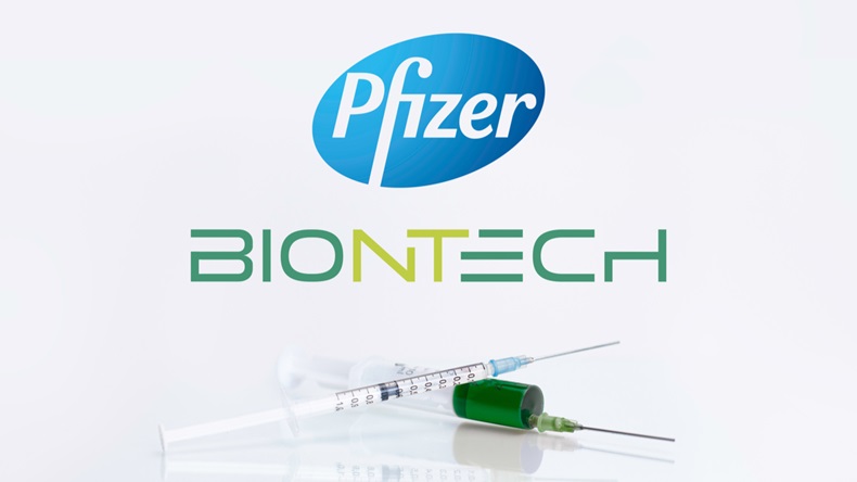 Pfizer Inc. and BioNTech, are pharmaceutical companys, working together on the development of a vaccine against the coronavirus. Logos are printed on white paper background
