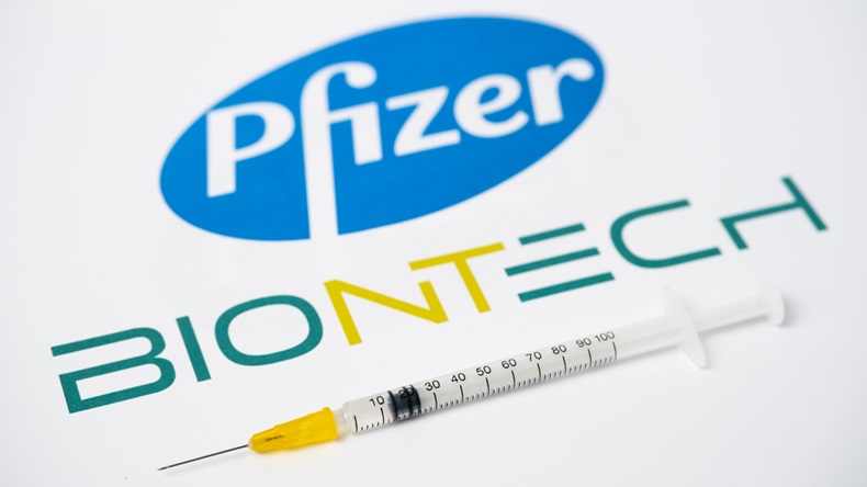Pfizer BioNTech Covid-19 logos with vaccine concept