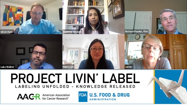 The inaugural episode of AACR and FDA’s “Project Livin’ Label” series discussed Tucatinib and featured OCE’s Richard Pazdur, Office of Oncologic Drugs’ Suparna Wedam, Seagen’s Luke Walker, Dana-Farber’s Nancy Lin, trial participant Sandy Weaver, and SwissMedic’s Ulrich Rohr. (photo illustration))