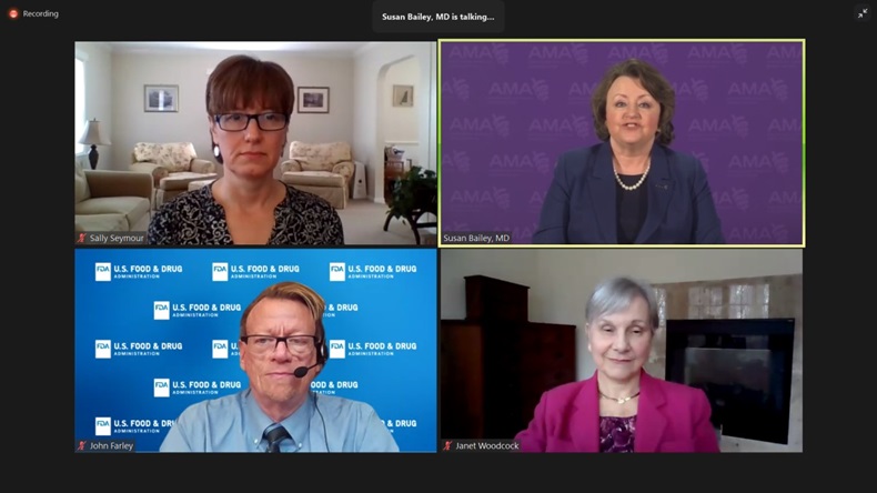 Janet Woodcock, John Farley, Sally Seymour of FDA speak with AMA President Susan Bailey.