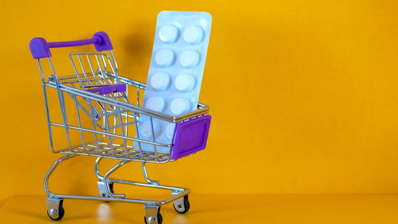 store trolley, Pills, medicines, protective equipment, medical goods. Concept Shortage of medical supplies. Concept Demand, sales growth for medicines and protective equipment.