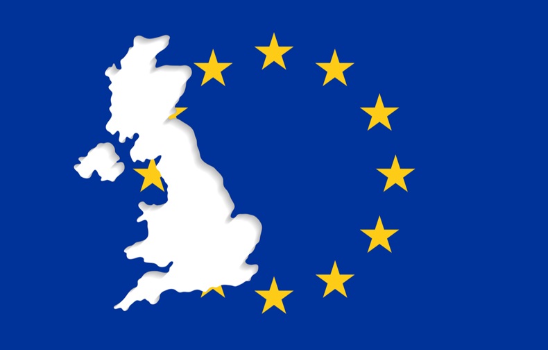 The EU flag and an empty space in form of the UK outlines. United Kingdom withdrawal from the European Union. Brexit concept