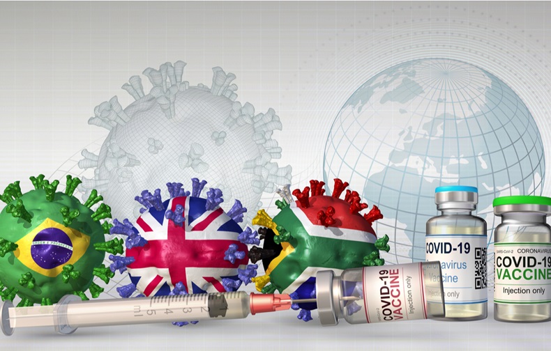 Concept image related to the concern that SARS-CoV-2 variants from UK, Brazil and South Africa might undermine available vaccines