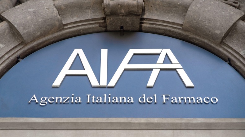 The AIFA (Agenzia Italiana del Farmaco, Italian Medicines Agency) logo at the entrance of the headquarter office in Via del Tritone, Rome, Italy