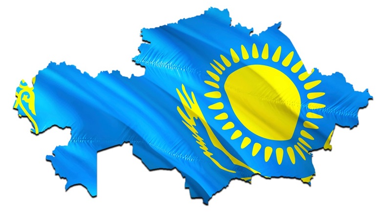 Map on Kazakhstan waving Flag. 3D rendering Kazakhstan map and waving flag on Asia map.