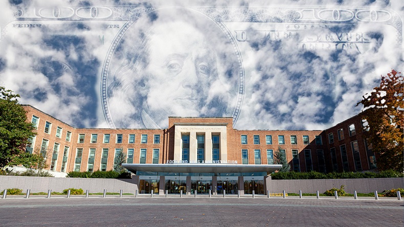US FDA with cloud dollars. photo illustration with Alamy and Shutterstock images
