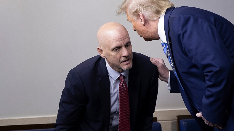 Then-FDA Commissioner Stephen Hahn and then President Donald Trump at the White House on 19 April  2020 (Tasos Katopodis/Getty Images)