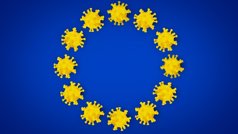 Corona Virus symbol on blue yellow european union EU flag europe background. Cornavirus COVID-19 global outbreak pandemic epidemic medical concept.
