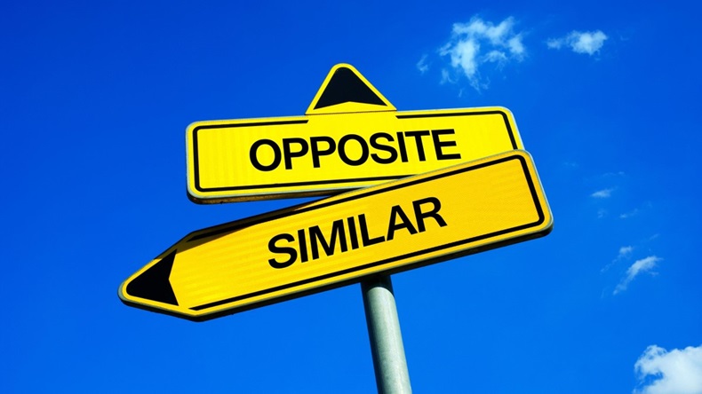 Opposite vs Similar - Traffic sign with two options - opposed and contrary vs similarity and resemblance