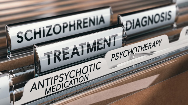 3D illustration of files with schizophrenia diagnosis and treatment with antipsychotic medication and psychotherapy.