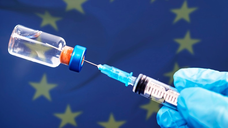 EU flag with vaccine. Mass vaccination against the epidemic of coronavirus 