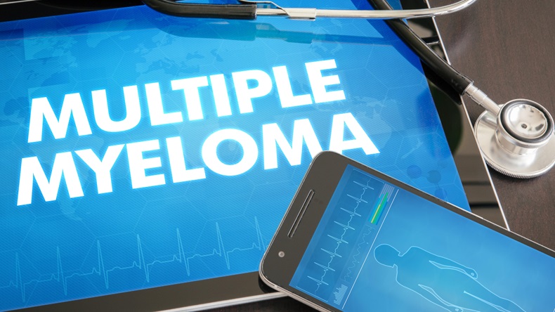 Multiple myeloma (cancer type) diagnosis medical concept on tablet screen with stethoscope.