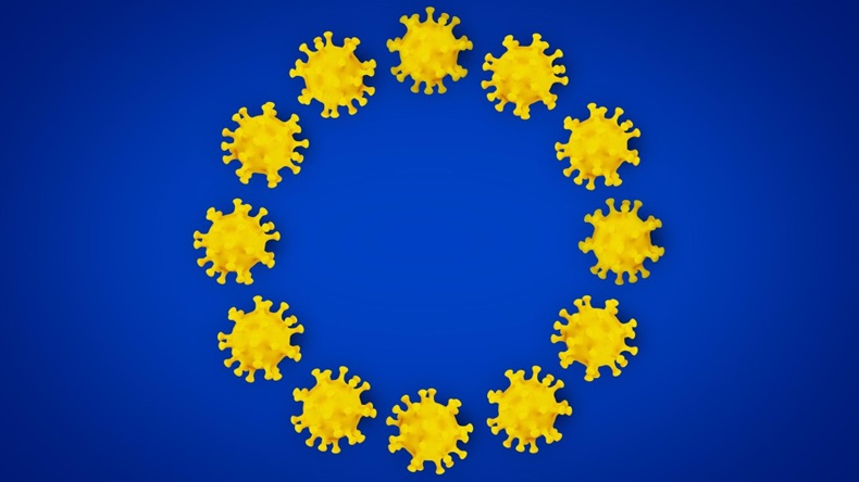 Corona Virus symbol on blue yellow european union EU flag europe background.