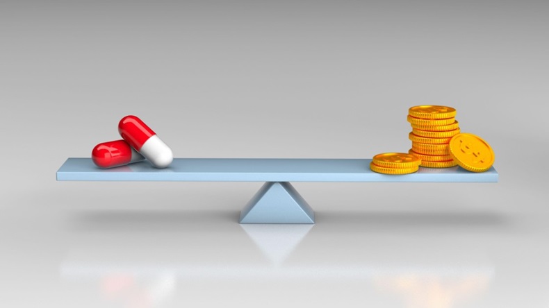 Balance scales with capsules pills and money coins. 3d render.