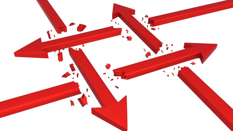 Red symbolic arrow break four square, 3d illustration, horizontal, over white, isolated