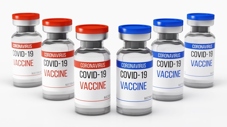 Six vials of coronavirus vaccine. Glass bottles with red and blue caps. Two-stage injection against COVID-19 virus. 3D rendering - Image ID: 2H5DPKG