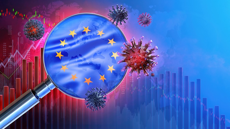 Coronavirus disease pandemic Europe economics impact 3D concept. European economy background: covid-19 ncov 2019 corona virus, European Union flag