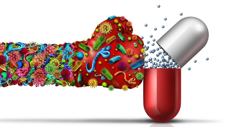 Antibiotic resistant germs as virus or bacteria cells as a deadly mutated viral disease attacking a pill with a punch as a medical pathology ilness with 3D illustration elements.
