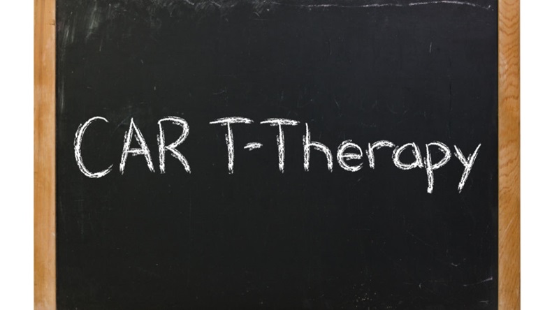 CAR T Therapy written in white chalk on a black chalkboard isolated on white
