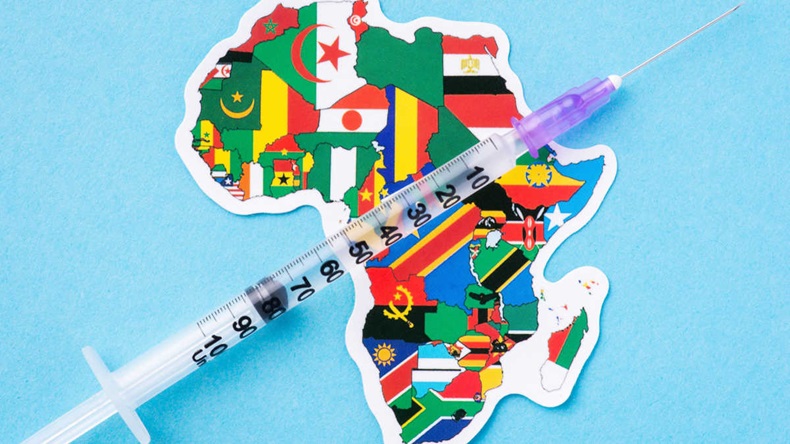 Vaccination in Africa. Syringe with vaccine on flags of Africa countries on blue background.