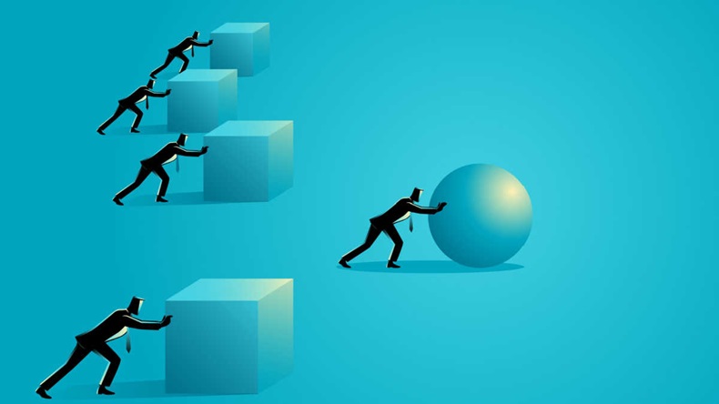 Business concept illustration of a businessman pushing a sphere leading the race against a group of slower businessmen pushing boxes. Winning strategy, efficiency, innovation in business concept