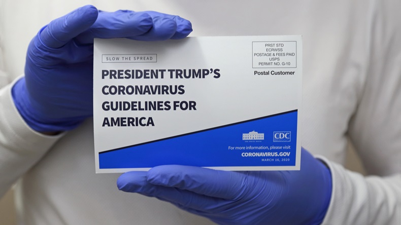Los Angeles, CA / USA - March 25, 2020: A White House mailer from March 16 reads: “SLOW THE SPREAD. PRESIDENT TRUMP’S CORONAVIRUS GUIDELINES FOR AMERICA," with tips for avoiding COVID-19 on the back.