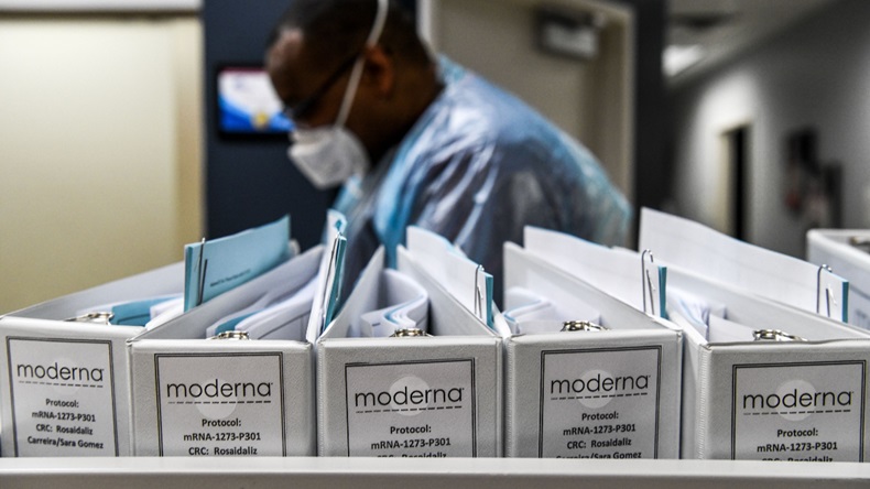 Biotechnology company Moderna protocol files for COVID-19 vaccinations are kept at the Research Centers of America in Hollywood, Florida, on August 13, 2020. (Photo by Chandan Khanna/ AFP) (Photo by CHANDAN KHANNA/AFP via Getty Images)
