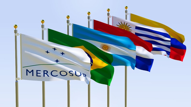 MERCOSUR flag Isolated Silk waving flags MERCOSUR Brazil Argentina Paraguay Uruguay Venezuela five members with a flagpole on a white background 3D illustration