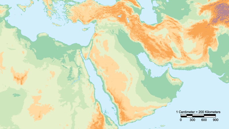 Physical map of Middle East with scale. Elements of this image furnished by NASA 