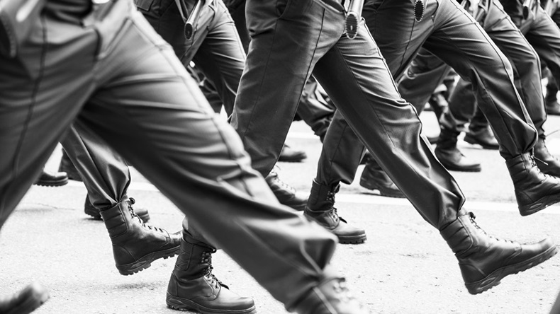 soldiers marching training in the army (black and white photo)