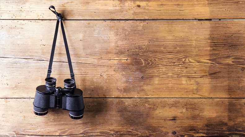 Binoculars hang on a wooden fence background