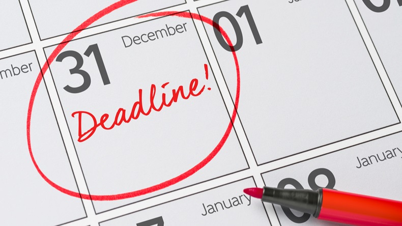 Deadline written on a calendar - December 31