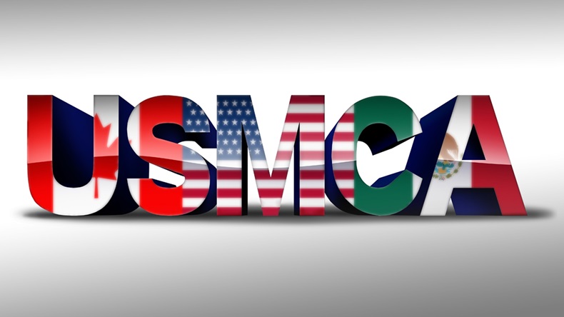 USMCA or the new NAFTA United States Mexico Canada agreement symbol with north america flags as a trade deal and economic deal for the American Mexican and Canadian governments as a 3D illustration. 
