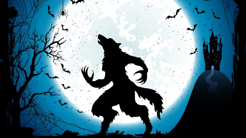 Dark Halloween background with Moon on blue sky, castle and werewolf