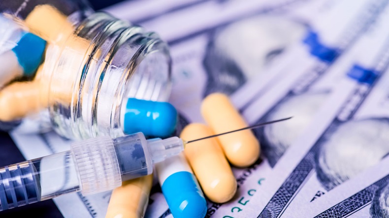 Medicine pills or capsules with money, dollar. Medical or pharmacy prescription for health. Business, finance concept. Cost of the healthy life. Bottle of drug or vitamin for currency. - Image 