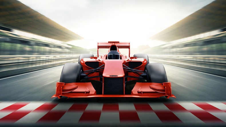 Race driver pass the finishing point and motion blur backgroud. 3D rendering - Illustration 