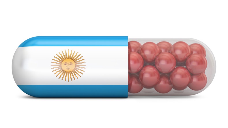 Pill capsule with Argentina flag. Argentine health care concept, 3D rendering