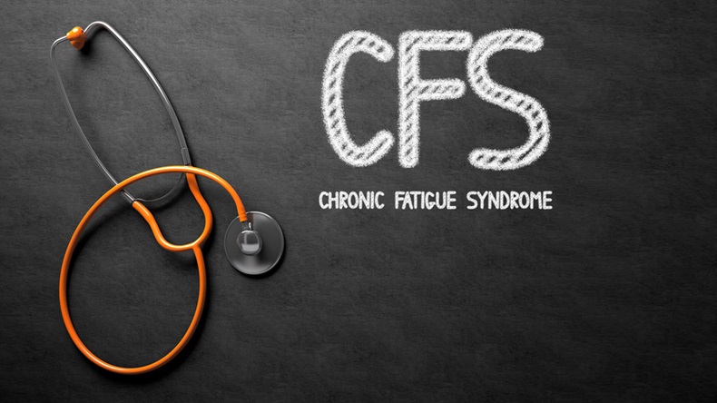 Medical Concept: CFS - Chronic Fatigue Syndrome - Text on Black Chalkboard with Orange Stethoscope. CFS - Chronic Fatigue Syndrome - Medical Concept on Black Chalkboard. 3D Rendering.